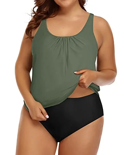 Style Revolution Plus Size Two Piece Tummy Control Blouson Swimsuit For Women-Olive Green Style Revolution Plus Size Two Piece Tummy Control Blouson Swimsuit For Women-Olive Green