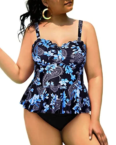 Wardrobe Update Plus Size 2 Piece Tankini Swimsuits Tummy Control Bathing Suits-Black Floral Wardrobe Update Plus Size 2 Piece Tankini Swimsuits Tummy Control Bathing Suits-Black Floral