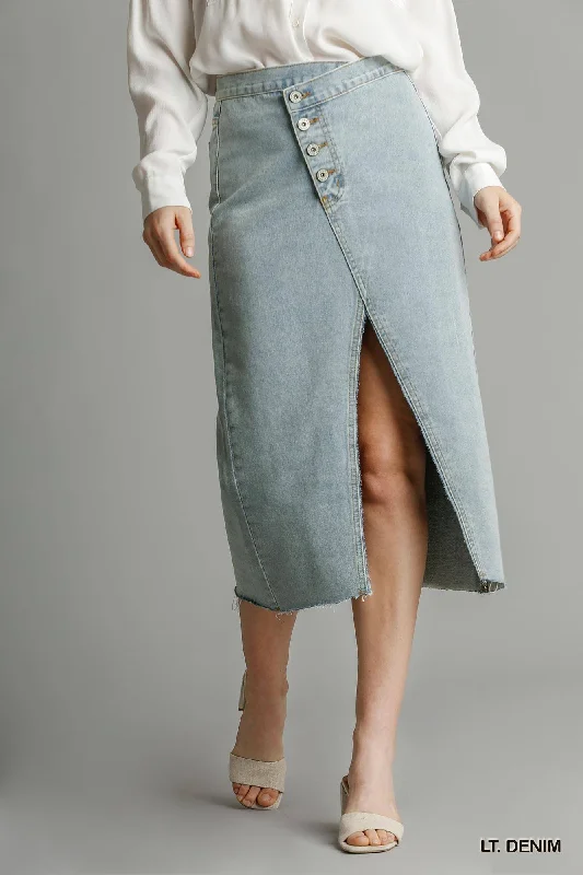 Effortless Style Hot Girl Asymmetrical Waist Buttoned Split Denim Skirt