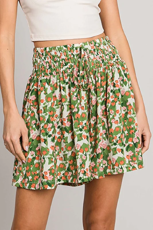 Vibrant Femme Fashion Hot Girl Cotton Bleu Floral Printed Smocked Waist Skort In Green Vibrant Femme Fashion Hot Girl Cotton Bleu Floral Printed Smocked Waist Skort In Green