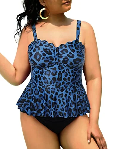 Fashion Sale Ruffle Hem Tankini Top High Waisted Bottom Plus Size Tankini Swimsuits-Blue Lepoard Fashion Sale Ruffle Hem Tankini Top High Waisted Bottom Plus Size Tankini Swimsuits-Blue Lepoard
