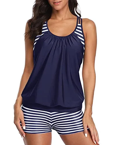 Unbeatable Deals Layered Design Tankini Tops Boy Shorts For Ladies-Blue And White Stripes Unbeatable Deals Layered Design Tankini Tops Boy Shorts For Ladies-Blue And White Stripes