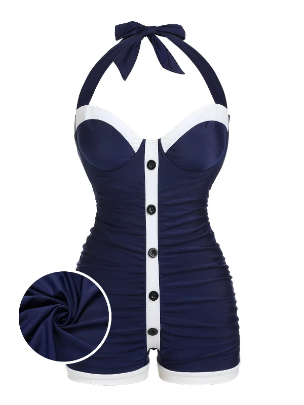 Women's Stylish Vacation Attire Stylish Looks Navy Blue 1950s Pleated Halter Swimsuit Women's Stylish Vacation Attire Stylish Looks Navy Blue 1950s Pleated Halter Swimsuit
