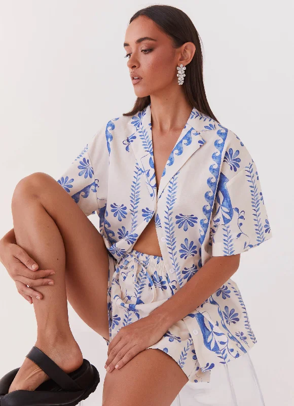 Chic And Trendy Sweet Relief Linen Shorts - Floral Wave
