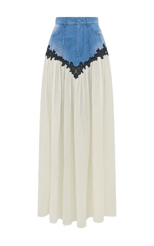 Eclectic Style Wardrobe Leigh Lace Maxi Skirt in Light Blue Recycled Cotton Linen Denim