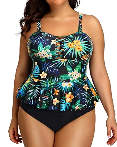 New Arrivals Peplum Tankini Tops And High Waisted Swimwear For Women Plus Size Swimsuits-Black Leaf New Arrivals Peplum Tankini Tops And High Waisted Swimwear For Women Plus Size Swimsuits-Black Leaf