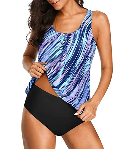 Hurry Before It's Gone 2 Piece Wireless Tankini Swimwear Elastic Band For Women-Blue And Black Stripe Hurry Before It's Gone 2 Piece Wireless Tankini Swimwear Elastic Band For Women-Blue And Black Stripe