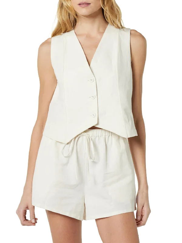 Casual Weekend Relaxed Style Hot Girl Button Up V-Neck Top and Pocketed Shorts Cotton Two Piece Set