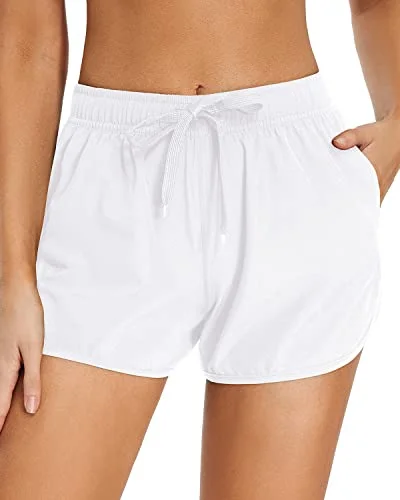 Easygoing Women's Style Trendy Pulse Elastic Waistband Drawstring Swim Shorts Pockets For Teen Girls-White