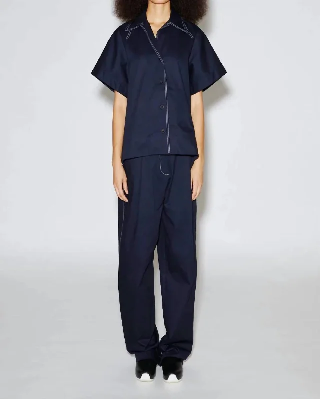 Chic And Edgy Camp Collar Short Sleeve Shirt In Navy