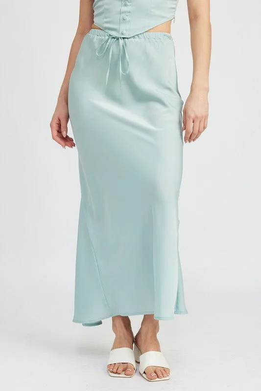 Best Deals Of The Season Hot Girl Emory Front Tie Satin Midi Skirt In Aqua