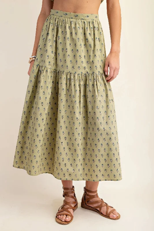 Huge Discounts This Week Hot Girl Monet Printed Tiered Cotton Midi Skirt In Sage