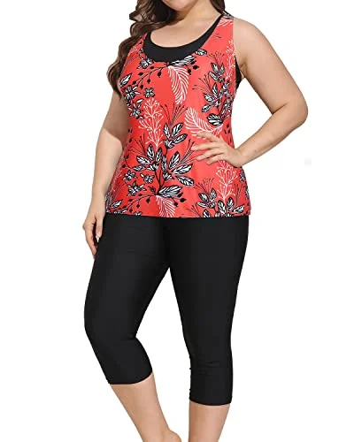 Ride The Style Wave Athletic Bathing Suits For Women Plus Size Tankini Tops And Swim Capris-Red Floral Ride The Style Wave Athletic Bathing Suits For Women Plus Size Tankini Tops And Swim Capris-Red Floral