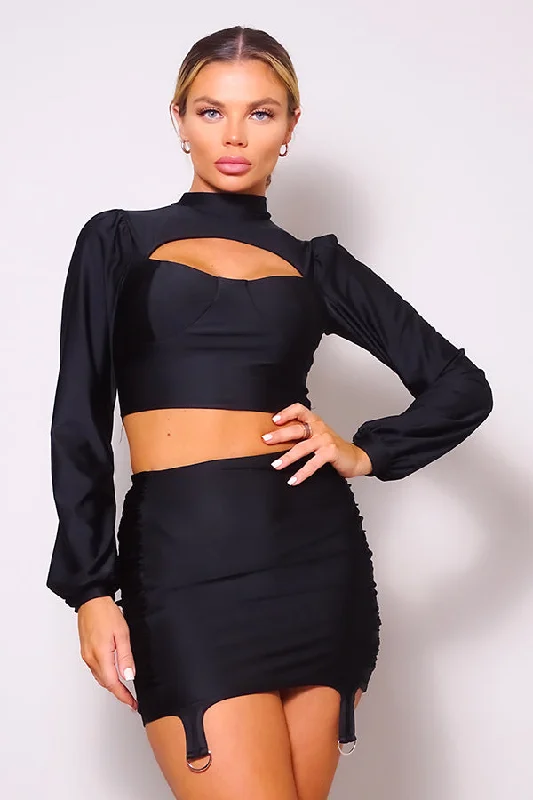 Chic Trends For The Fashion Savvy Hot Girl Long Sleeve Mock Neck Top & Garter Mini Skirt Set In Black Chic Trends For The Fashion Savvy Hot Girl Long Sleeve Mock Neck Top & Garter Mini Skirt Set In Black