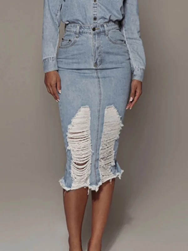 Stay Ahead In Style Hot Girl Distressed Slit Denim Midi Skirt In Light Wash