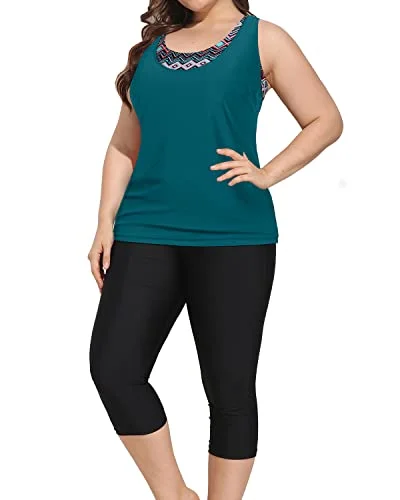 Athleisure Wear Special Offer Plus Size Tankini Tops Sports Bra And Swim Capris For Women-Black Tribal Athleisure Wear Special Offer Plus Size Tankini Tops Sports Bra And Swim Capris For Women-Black Tribal