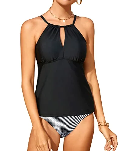 Versatile Wardrobe Essentials Adjustable Straps Keyhole Tankini Top 2 Piece Swimsuit For Women-Black Stripe Versatile Wardrobe Essentials Adjustable Straps Keyhole Tankini Top 2 Piece Swimsuit For Women-Black Stripe
