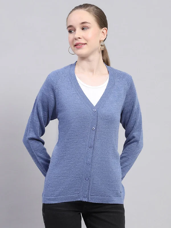 Clothing Sales Limited Time Flash Sale Women Blue Solid V Neck Full Sleeve Cardigan