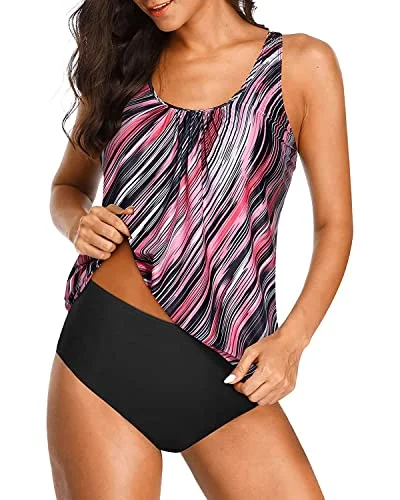 Evening Elegance Wireless Removable Athletic Swimwear Blouson Tankini For Women-Pink Stripe Evening Elegance Wireless Removable Athletic Swimwear Blouson Tankini For Women-Pink Stripe