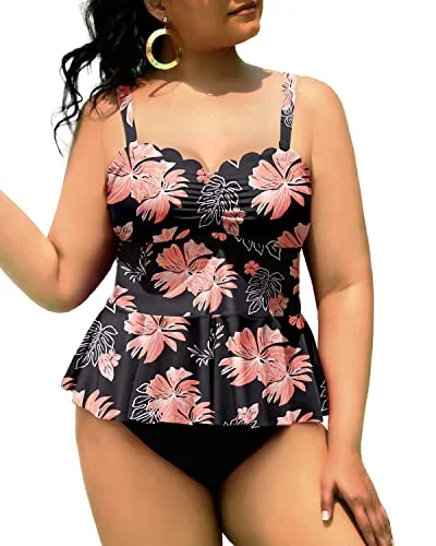 Trend Leading Collection Two Piece Peplum Swimwear Scalloped Swimsuits For Curvy Girls-Black Orange Floral Trend Leading Collection Two Piece Peplum Swimwear Scalloped Swimsuits For Curvy Girls-Black Orange Floral