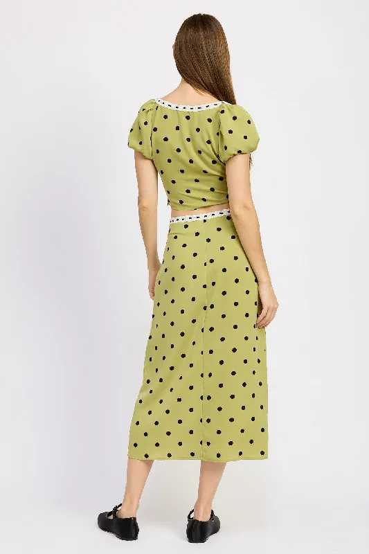Special Offers Hot Girl Trad Wife Lace Trim Polka Dot Midi Skirt In Olive