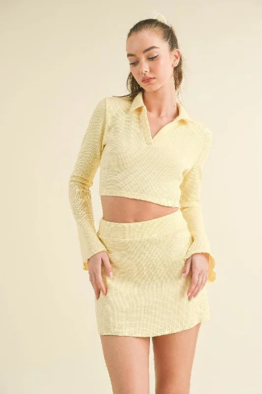 Special Offer Hot Girl Waffle Knit Bell Sleeve Top And Skirt Two Piece Set In Yellow Special Offer Hot Girl Waffle Knit Bell Sleeve Top And Skirt Two Piece Set In Yellow