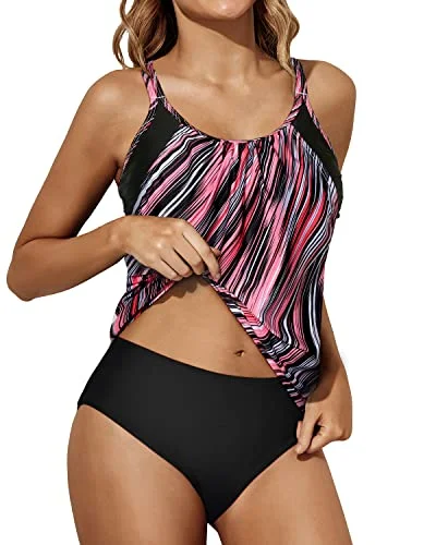 Versatile Wardrobe Essentials Women Two Piece Tankini Blouson Top And Bottom Sporty Swimsuits-Black And Pink Stripes Versatile Wardrobe Essentials Women Two Piece Tankini Blouson Top And Bottom Sporty Swimsuits-Black And Pink Stripes