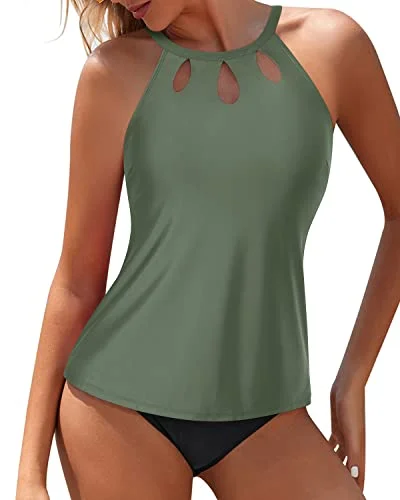 Festival Fashion End Of Month Blowout Two Piece Tummy Control High Neck Tankini Swimsuits For Women-Olive Green