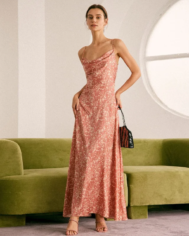 Women Wear Brands Evening Elegance The Light Orange Cowl Neck Floral Maxi Dress