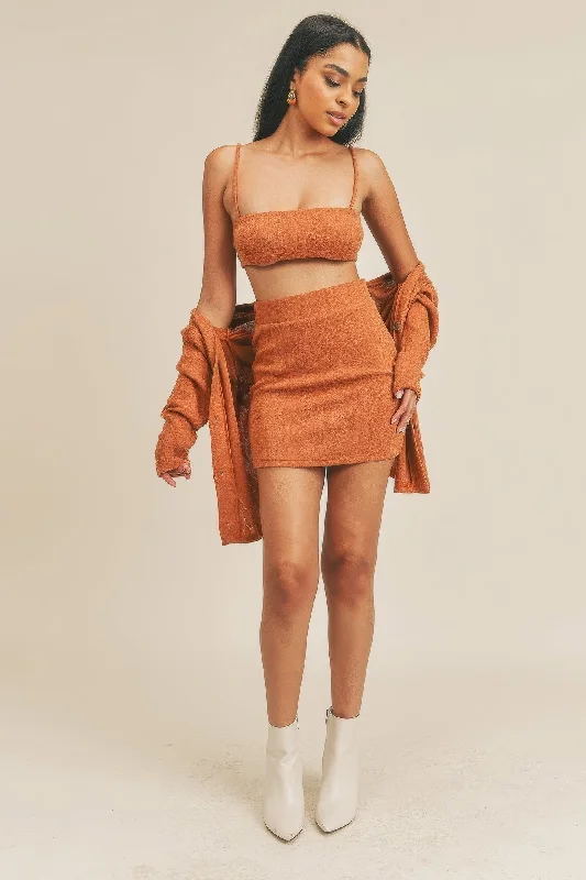 Comfort Centric Apparel Hot Girl Delilah Three Piece Skirt Set In Rust