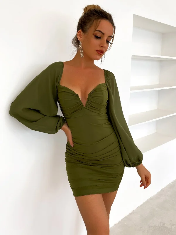 Winter Wardrobe Clearance Summer Essentials Lantern Sleeve Ruched Bodycon Dress