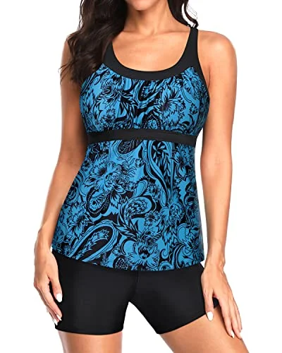 Summer Deals Modest Tankini Bathing Suits Boyshorts For Women's Swimwear-Black And Tribal Blue Summer Deals Modest Tankini Bathing Suits Boyshorts For Women's Swimwear-Black And Tribal Blue