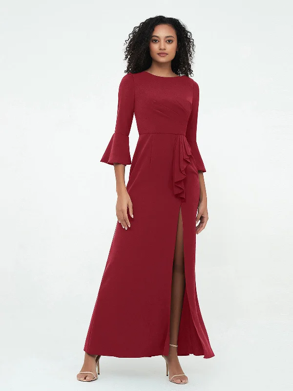 Women's Active Garments For Workouts Premium Fashion Mermaid Sexy Trumpet Sleeves Dresses with Slit-Burgundy