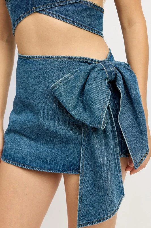 Spring Fashion Hot Girl Demi Couture Bow Detail Denim Mini Skirt