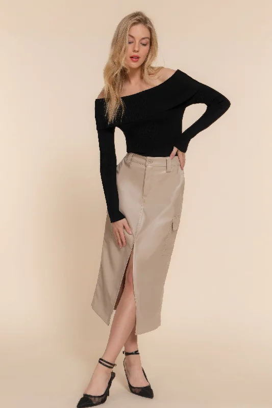 Trendy And Individual Women's Fashion Hot Girl Florence Faux Leather Cargo Midi Skirt In Beige Trendy And Individual Women's Fashion Hot Girl Florence Faux Leather Cargo Midi Skirt In Beige