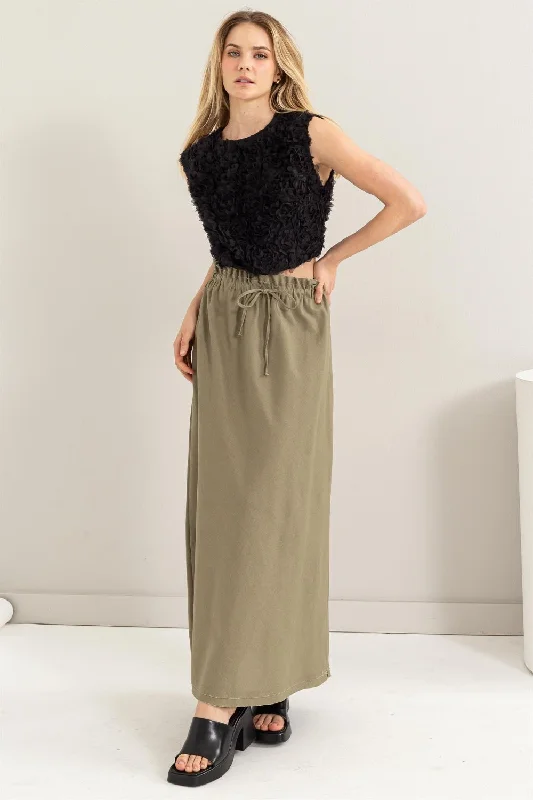 Big Savings Hot Girl Drawstring Washed Linen Maxi Skirt In Olive