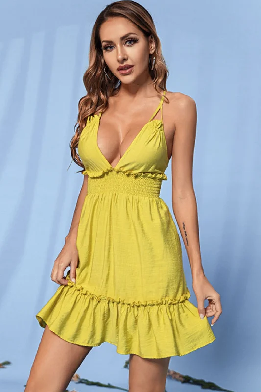 Stylish Women's Garments Season Sale Frill Trim Smocked Waist Crisscross Plunge Dress