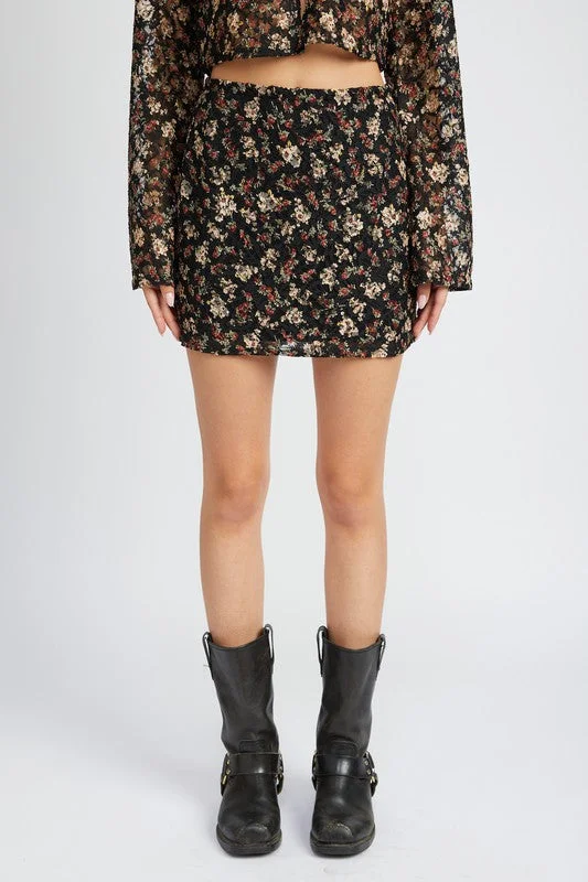 Holiday Attire Sale Hot Girl Night Tulip Floral Lace Embroidered Mini Skirt In Black
