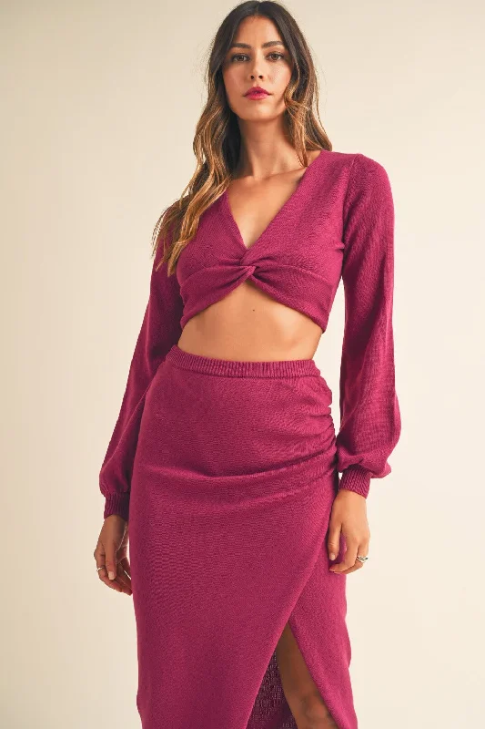 Save On Classic Elegant Styles Hot Girl MABLE Front Twisted Knit Top and Midi Skirt Set In Magenta Save On Classic Elegant Styles Hot Girl MABLE Front Twisted Knit Top and Midi Skirt Set In Magenta