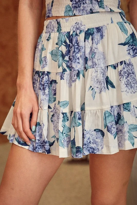 Ends Soon Hot Girl Blue Orchid Floral Tiered Skort