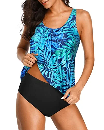 Stylish Savings Comfortable Women's Blouson Tankini Swimsuits No Show Cleavage-Dark Blue Green Leaves