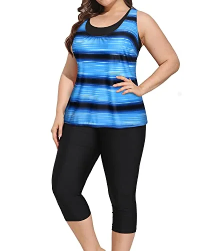 Trend Forward Threads For Her Slimming Plus Size Swimsuits For Women Sports Bra & Swim Capris-Blue And Black Stripe Trend Forward Threads For Her Slimming Plus Size Swimsuits For Women Sports Bra & Swim Capris-Blue And Black Stripe