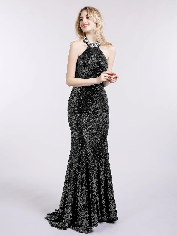 Women's Plus-Size Outfit Fashion Forward Femme Halter Lower Back Sequins Mermaid Gown-Black