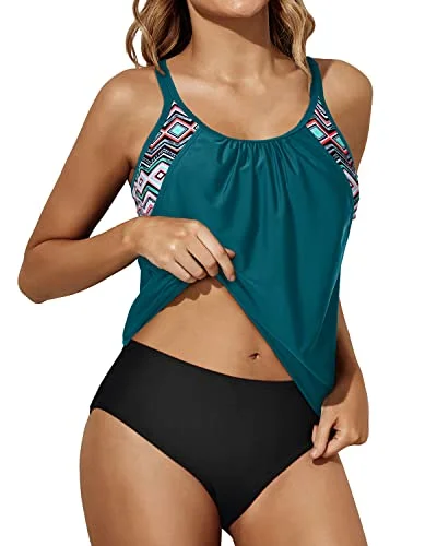 Trendy Threads Athletic Round U Neck & O-Ring Back Tankini Swimsuits For Women-Teal