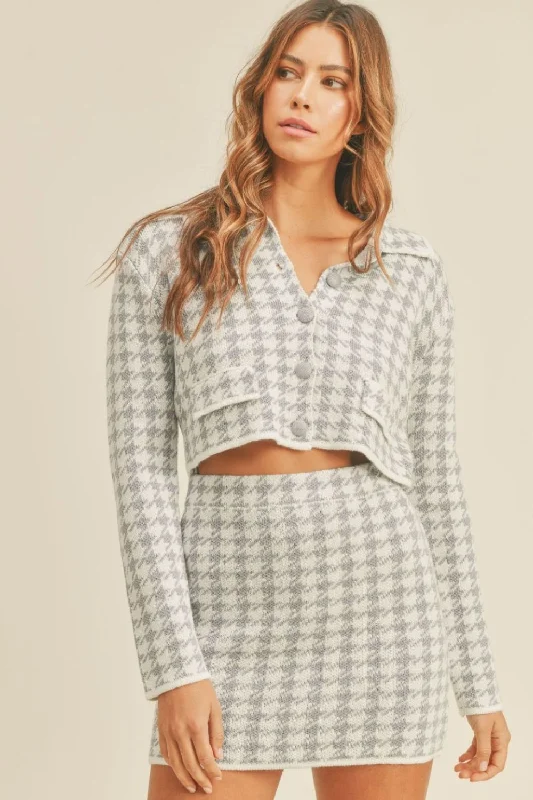 Huge Savings On Parisian Styles Hot Girl MABLE Houndstooth Cropped Knit Cardigan and Mini Skirt Set In Grey Huge Savings On Parisian Styles Hot Girl MABLE Houndstooth Cropped Knit Cardigan and Mini Skirt Set In Grey