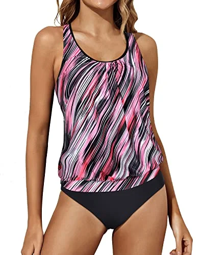 Clearance Event Racerback Two Piece Tankini Bathing Suits For Women Tummy Control-Pink Stripe Clearance Event Racerback Two Piece Tankini Bathing Suits For Women Tummy Control-Pink Stripe