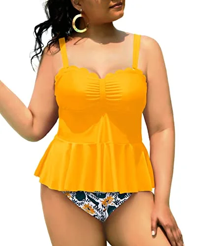 Chic Wardrobe Essentials Peplum Tankini Top High Waisted Swim Bottom Plus Size Tankini Swimsuits-Yellow Floral Chic Wardrobe Essentials Peplum Tankini Top High Waisted Swim Bottom Plus Size Tankini Swimsuits-Yellow Floral