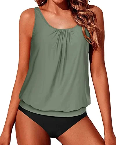 Day-To-Night Styles Push Up Bra Cups Blouson Tankini Swimsuits For Women-Olive Green