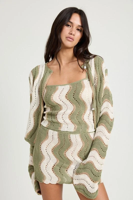 Fashionista Favorites Hot Girl Calabasas Crochet Striped Mini Skirt In Sage