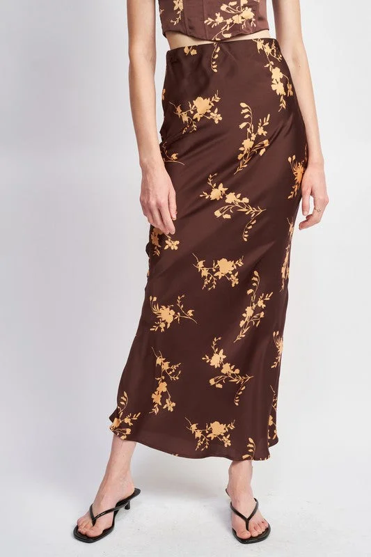 Flash Sales Hot Girl Peruvian Lily Floral Satin Maxi Skirt In Brown